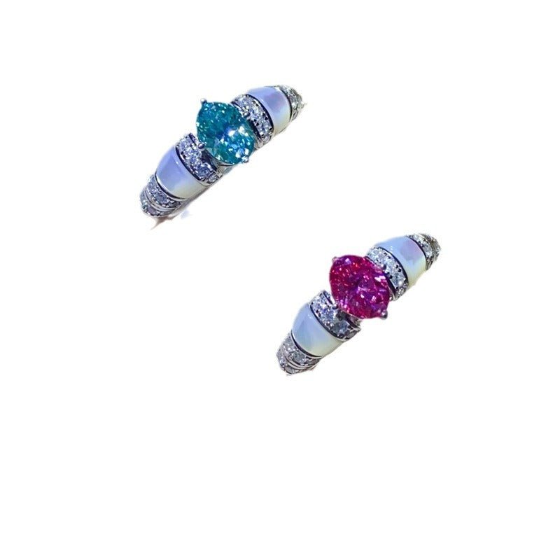 Pear Shape Moissanite Ring for Women with Pavé Accent Band, Pink or Mint Stone, Halo Style Promise Engagement Ring – view 5