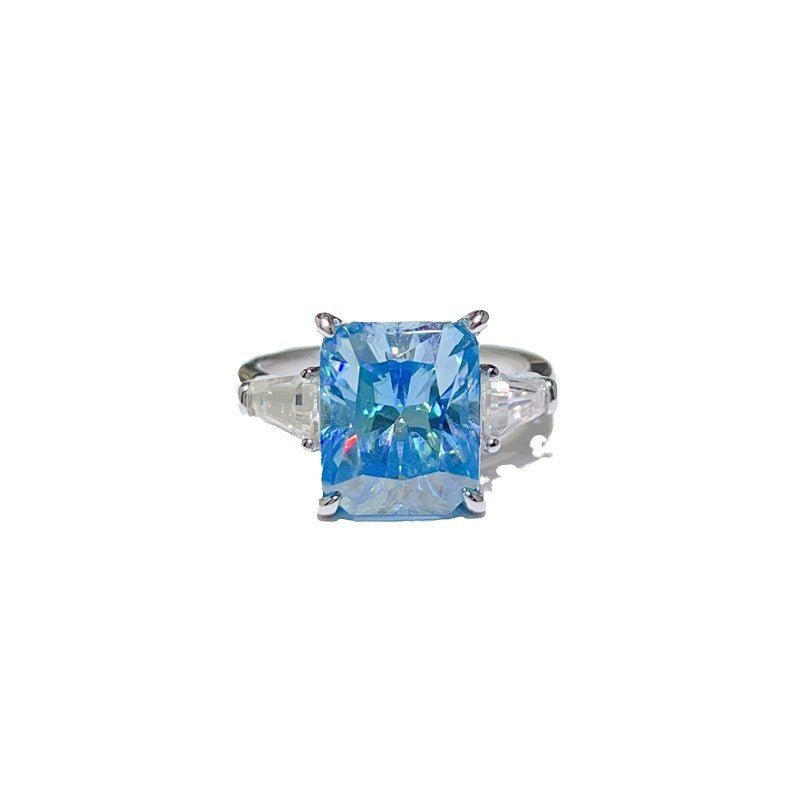 5 Carat Blue Moissanite Ring for Women, Radiant Cut Three-Stone Engagement Ring, U-Shaped Silver Tone Band – view 5