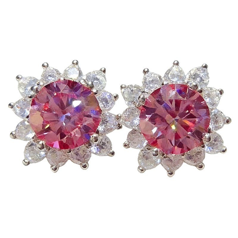 Pink Round Moissanite Stud Earrings with Halo Accent for Women – view 5
