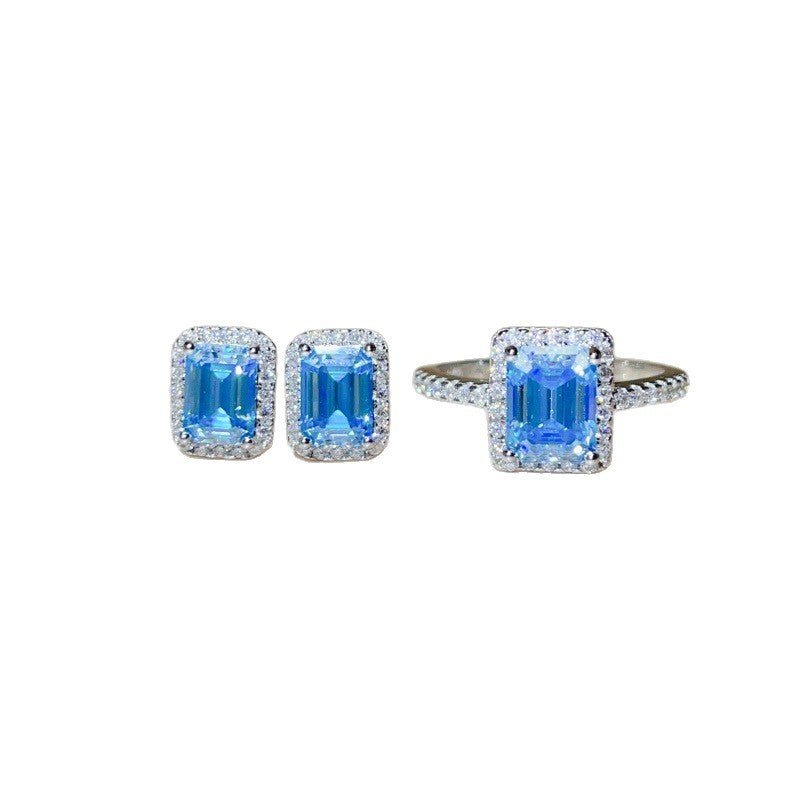 Blue Emerald-Cut Moissanite Ring and Stud Earrings Set, Halo Jewelry Set for Women – view 5