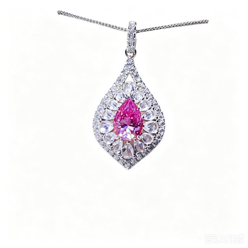 Pear Cut Moissanite Halo Pendant Necklace for Women, Teardrop Pavé Statement Necklace, Pink Center Stone Jewelry Gift – view 5
