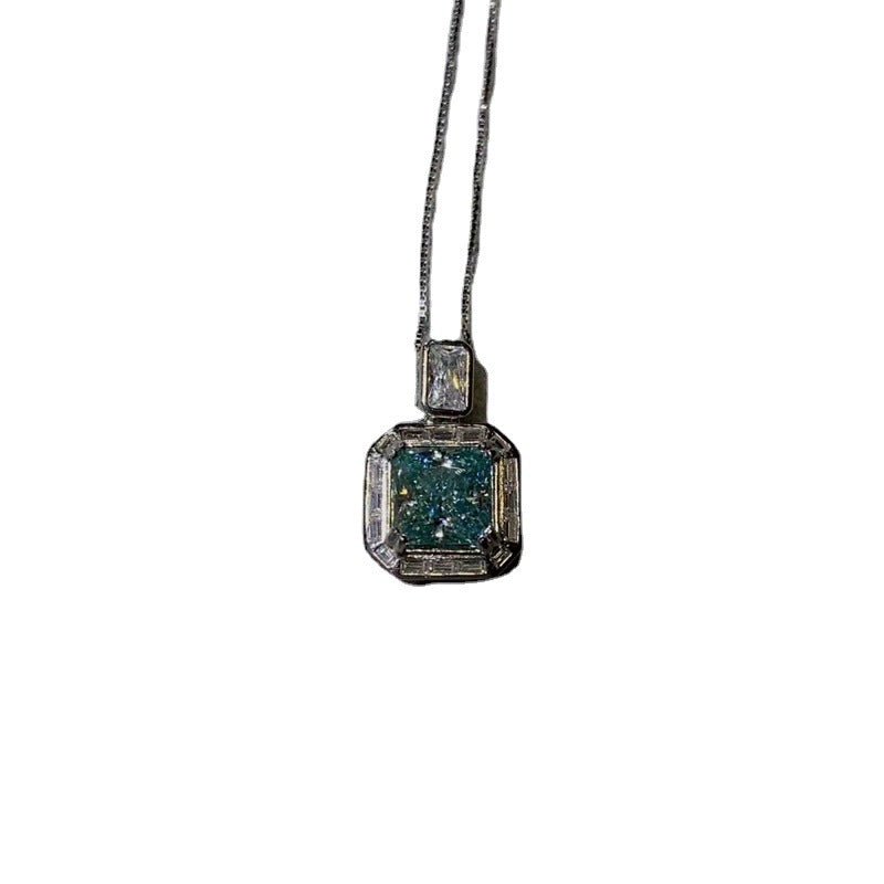 Blue Moissanite Square Pendant Necklace, Geometric Halo Gift Jewelry – view 5