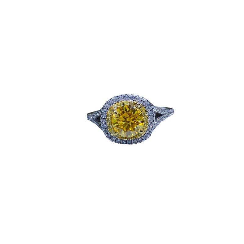 Yellow Moissanite Halo Ring for Women, Cushion Cut Engagement Ring Style, Geometric U-Shape Band – view 5