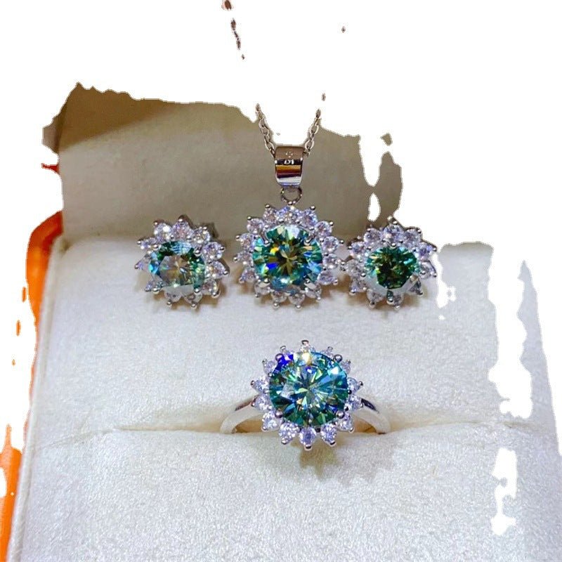 Green Moissanite Sunflower Jewelry Set, Pendant, Ring & Earrings – view 5
