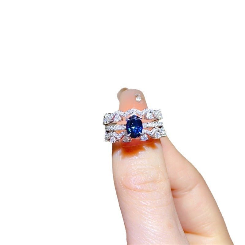 Blue Oval Moissanite Ring Set for Women, Geometric Statement Engagement Ring Style, 3 Piece Stackable Ring – view 5