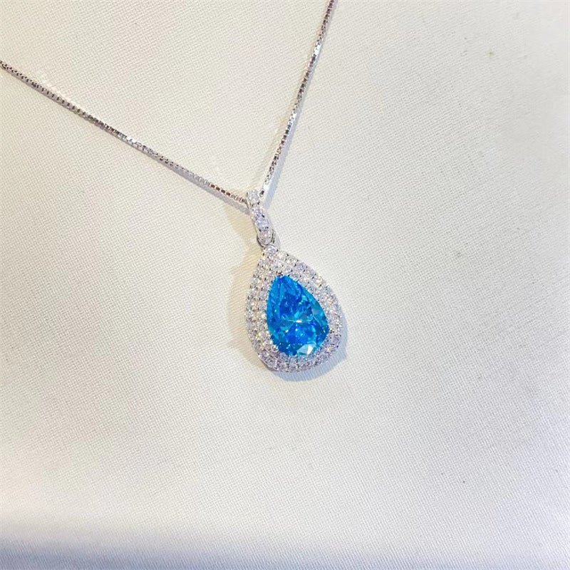 Blue Teardrop Moissanite Pendant Necklace Halo Clavicle Chain – view 5