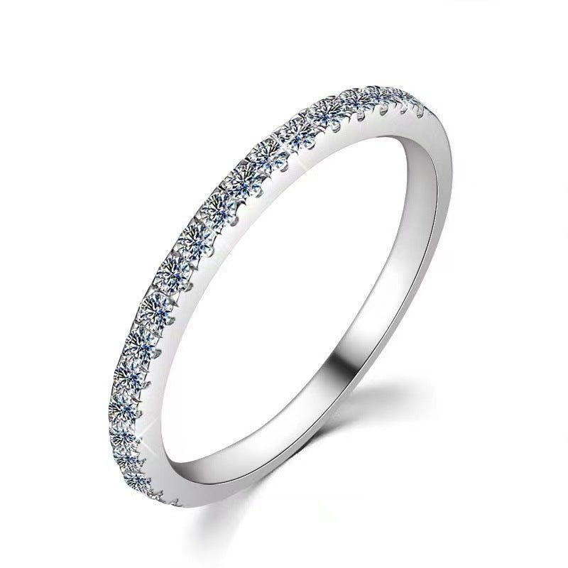 Moissanite Pave Band Ring for Women, Slim Stacking Ring in White Tone, Minimal Sparkle Promise Ring, Tail Ring, Sizes 9-19 – view 5