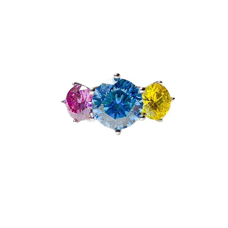 5 Carat Multicolor Three-Stone Moissanite Ring for Women, Blue Center with Pink and Yellow Side Stones – view 5