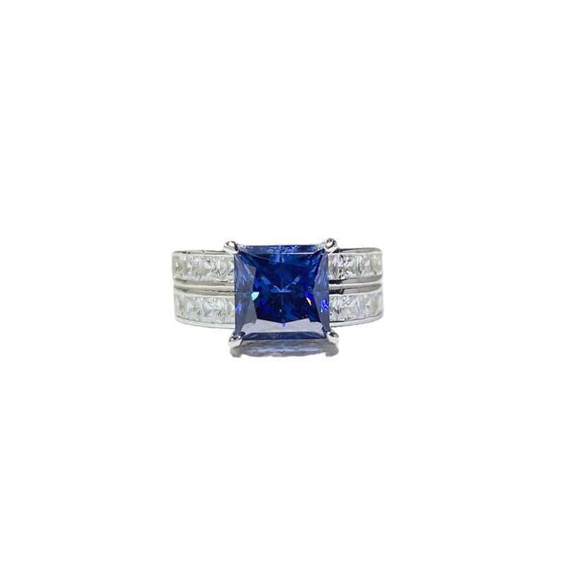 Blue 3 Carat Princess Cut Moissanite Ring Wide Band Pavé Style Ring – view 5