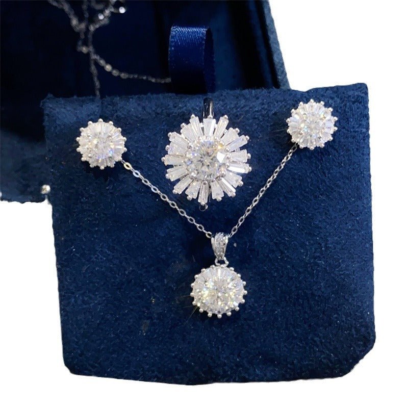 Moissanite Sunflower Jewelry Set Necklace Pendant Ring Stud Earrings Geometric Halo Gift Set for Women – view 5