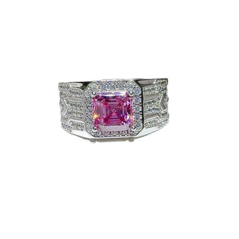 Pink Asscher Cut Moissanite Ring with Halo Pavé Band – view 5