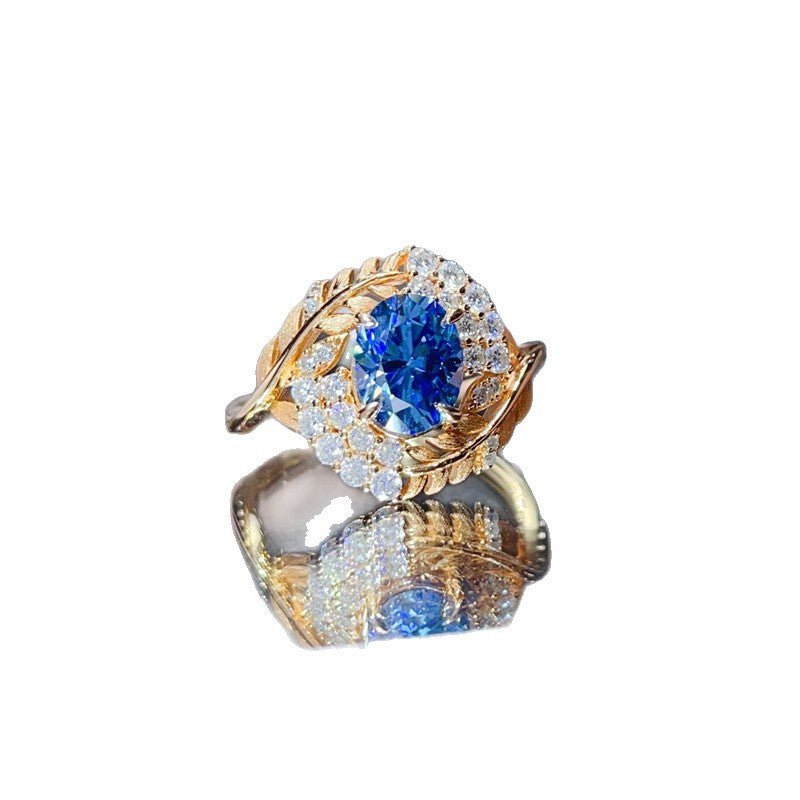 Blue Moissanite Leaf Halo Ring for Women, Oval Stone Statement Ring, U-Shape Fashion Ring – view 5