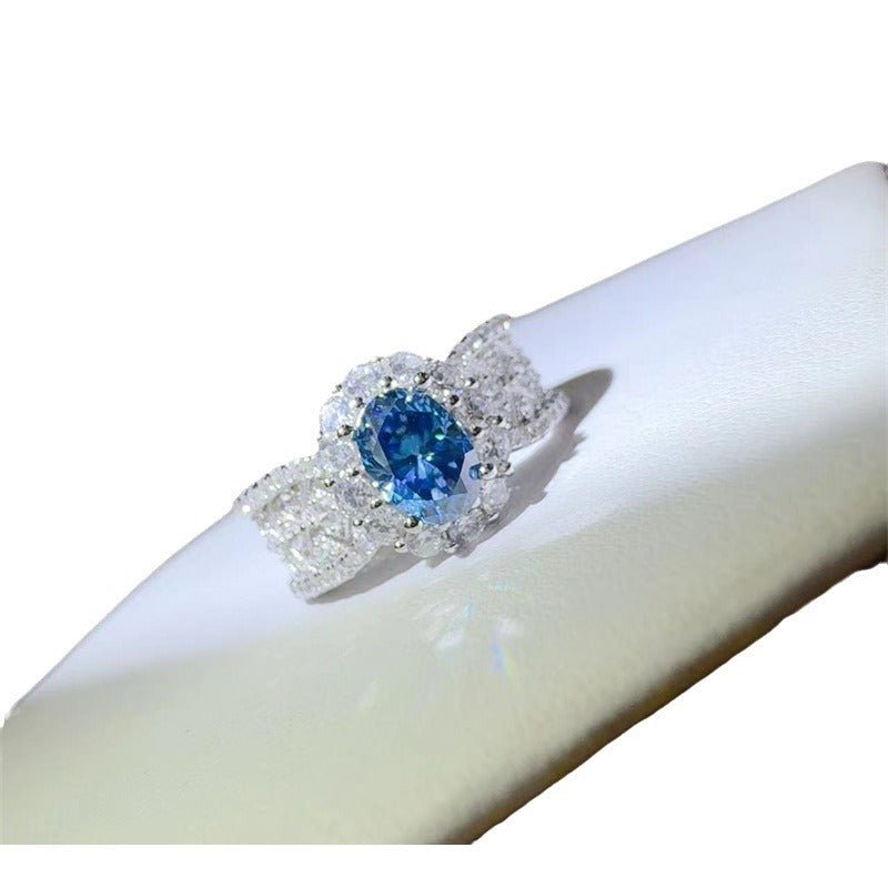 Blue Moissanite Halo Ring for Women, 1 Carat Oval Statement Engagement Ring, Geometric Pave Band – view 5