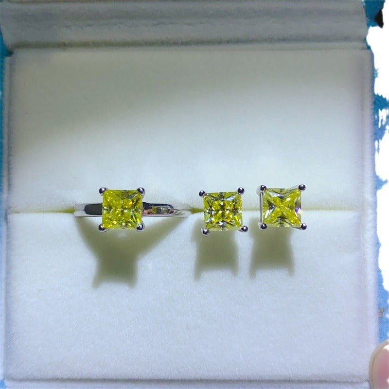 Lemon Yellow Princess Cut Moissanite Ring and Stud Earrings Set for Women – view 5
