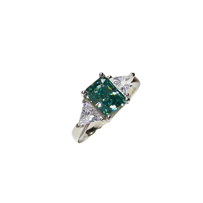 Green Moissanite Geometric Ring with Triangle Side Stones for Women – view 5