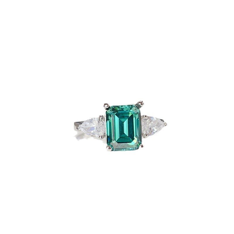 Green Moissanite Three Stone Ring for Women, Emerald Cut Promise Engagement Ring – view 5