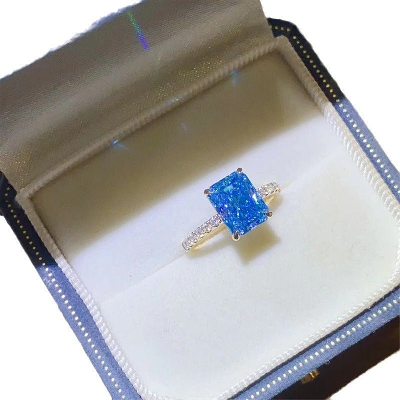 Blue Radiant Cut Moissanite Ring for Women, Micro Pave Engagement Ring, Rectangular Solitaire Promise Ring – view 5