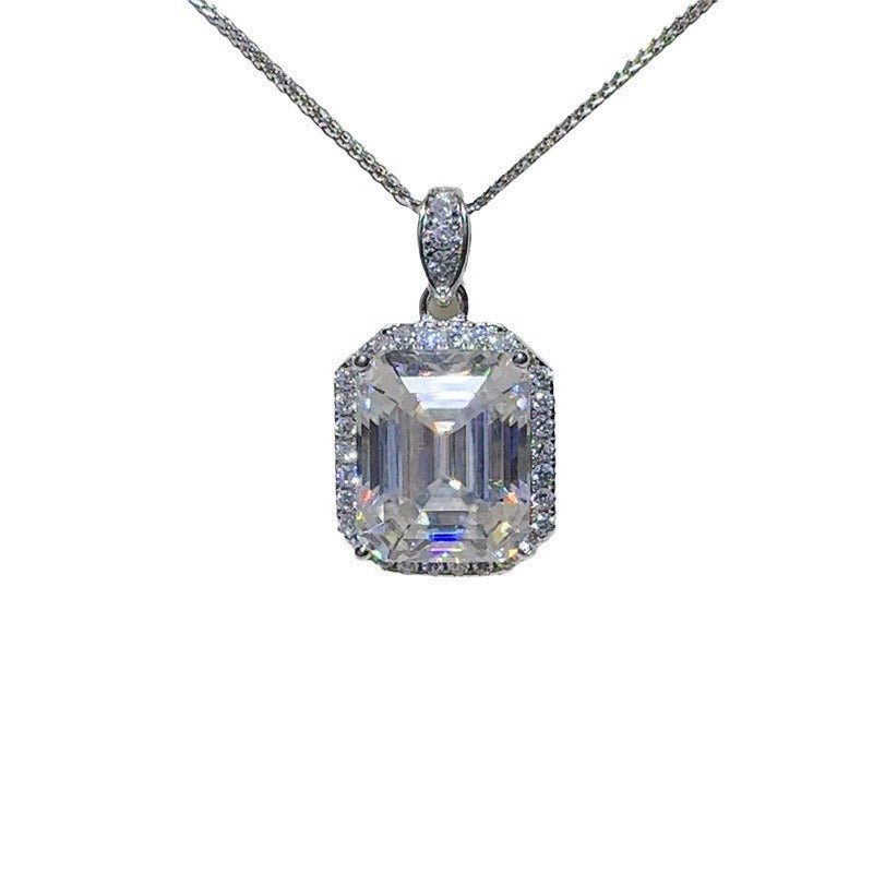 Emerald Cut Clear Stone Pendant Necklace with Pave Halo Chain Included – view 5
