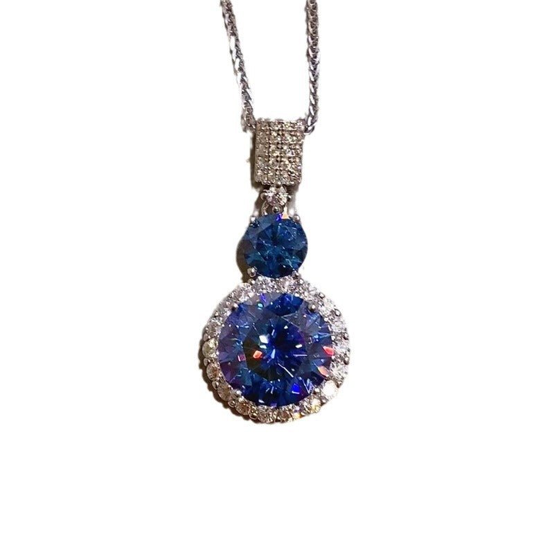 Blue Moissanite Halo Pendant Necklace Round Drop Clavicle Chain – view 5