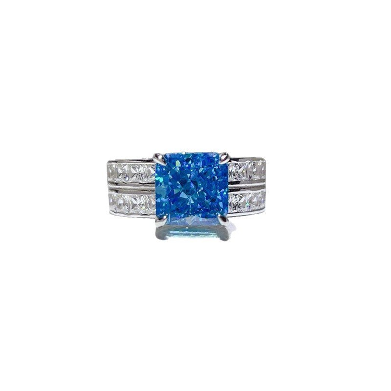 Blue Moissanite Ring with Wide Double Band Statement Ring – view 5