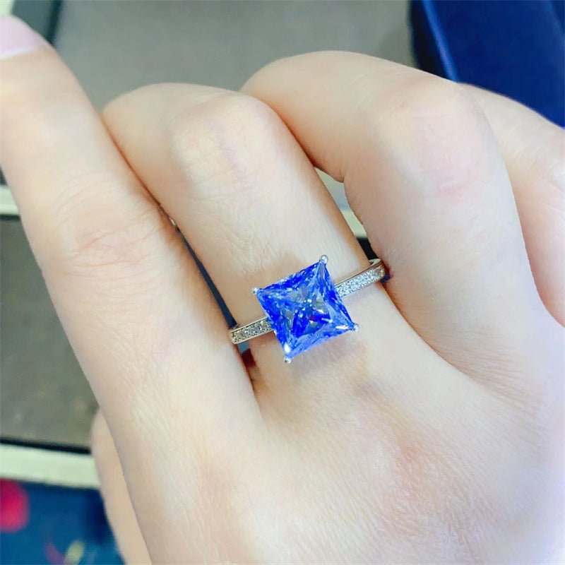 Blue Square Cut Moissanite Ring with Pave Band, Engagement Ring for Women – view 5