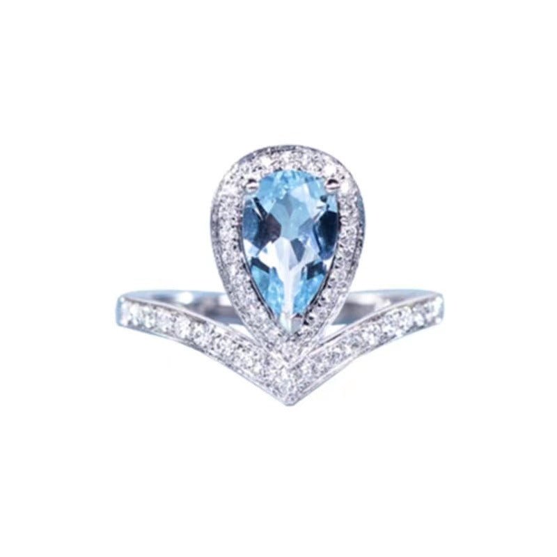 Blue Moissanite Halo Ring for Women, Pear Cut V-Shape Band, Promise & Engagement Style – view 5