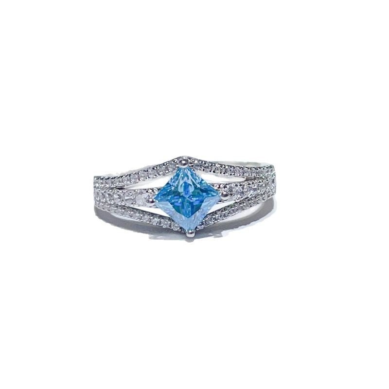 1 Carat Princess Cut Blue Moissanite Ring for Women, Split Shank Halo Style Engagement Ring – view 5