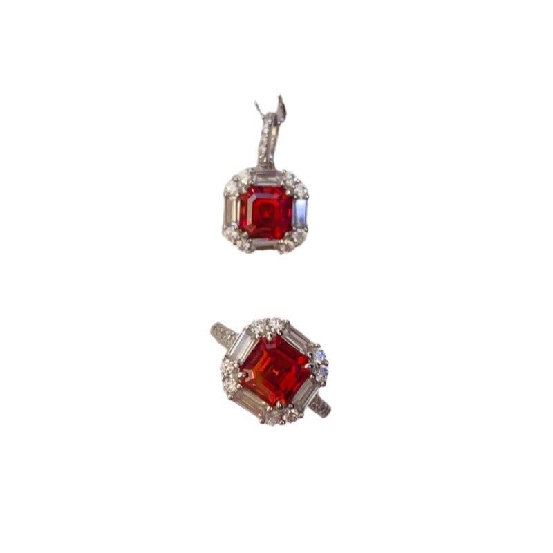 Red Asscher Cut Moissanite Pendant Necklace or Ring, Halo Pavé Jewelry Gift for Women – view 5