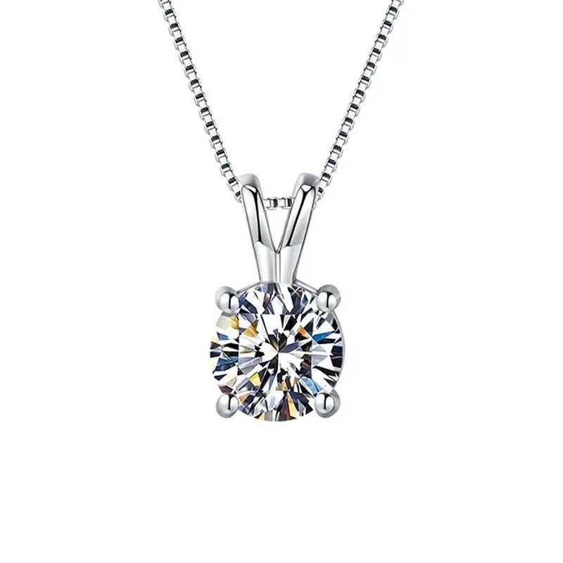 Moissanite Round Solitaire Pendant Necklace, Four-Prong, Silver-Tone Box Chain – view 5