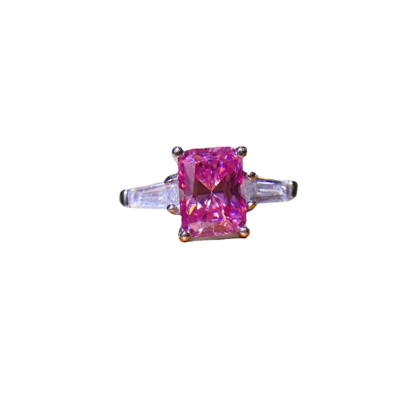 Pink Rectangular Moissanite Ring, AU750 White Gold Split Shank Engagement Ring – view 5