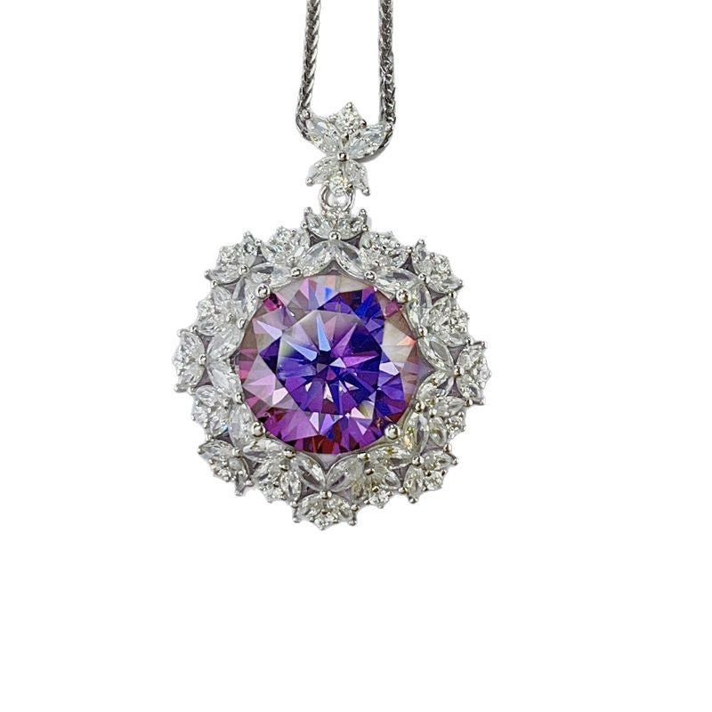 Moissanite Pendant Necklace with Purple Round Stone and Floral Halo Chain, 10 Carat Statement Necklace – view 5
