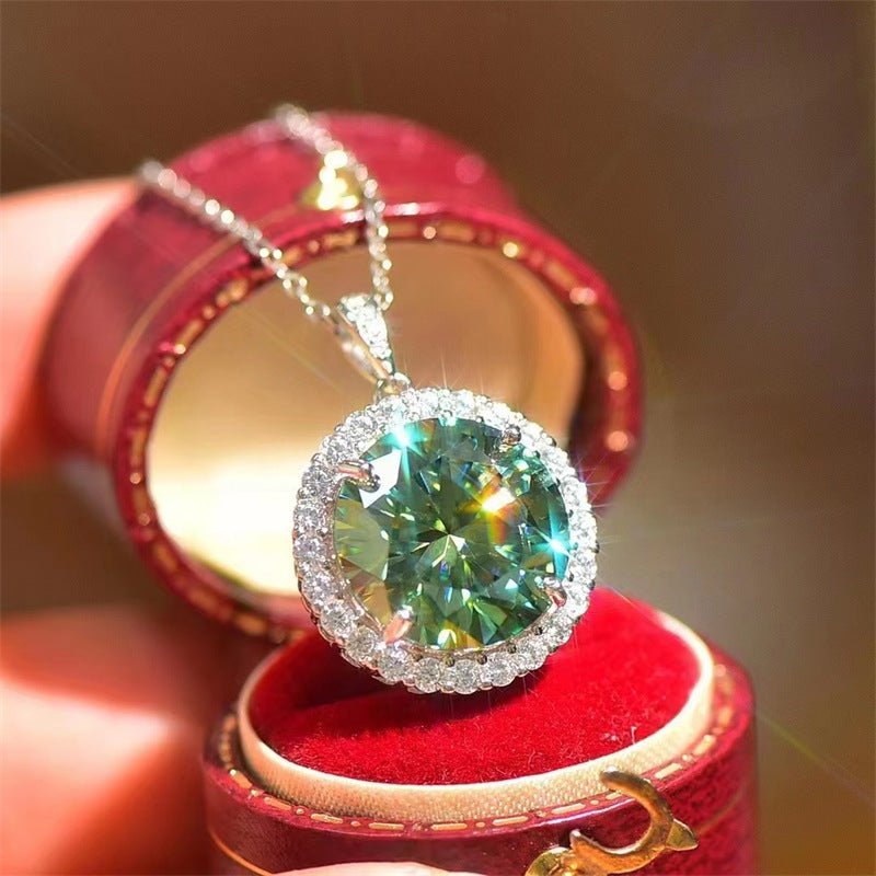 Green Moissanite Halo Pendant Necklace, Round Cut Sparkling Jewelry for Women – view 6