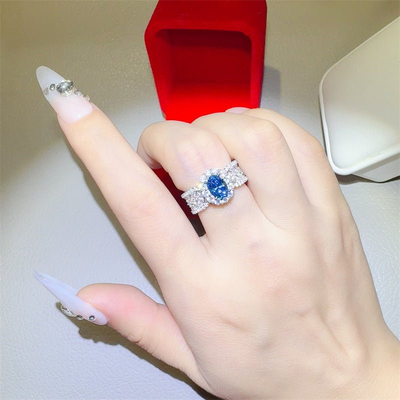 Blue Moissanite Halo Ring for Women, 1 Carat Oval Statement Engagement Ring, Geometric Pave Band – view 6