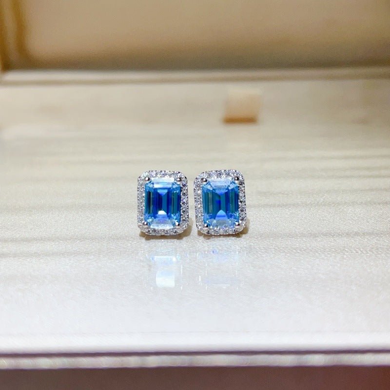 Blue Emerald-Cut Moissanite Ring and Stud Earrings Set, Halo Jewelry Set for Women – view 6