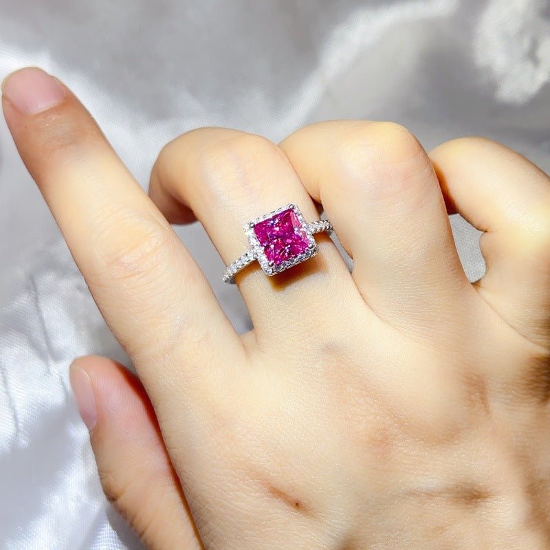 Princess Cut Halo Moissanite Ring for Women, Pink or Blue Engagement Ring, S925 Polished Statement Ring – view 6