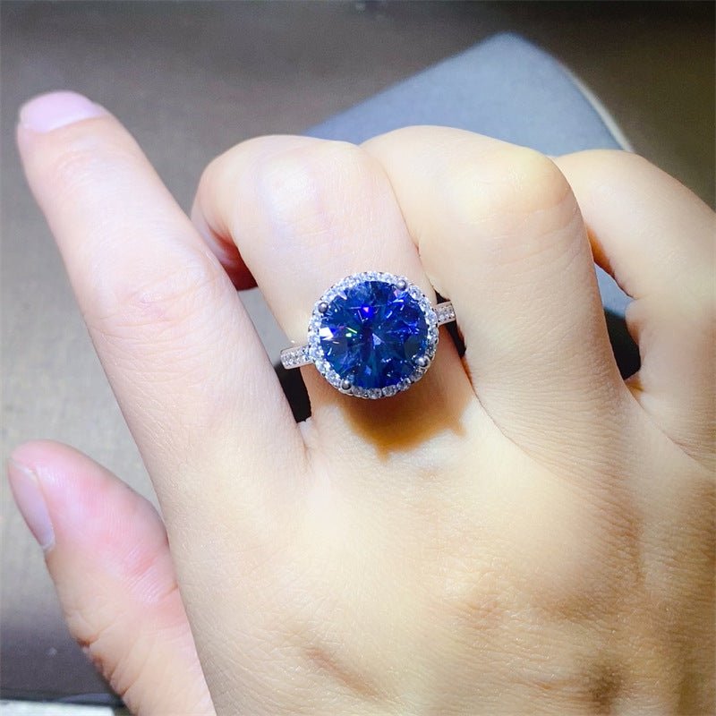 Blue Moissanite Halo Ring for Women, Round Cut Engagement Ring, 1 Carat 2 Carat 3 Carat 5 Carat Promise Ring – view 6
