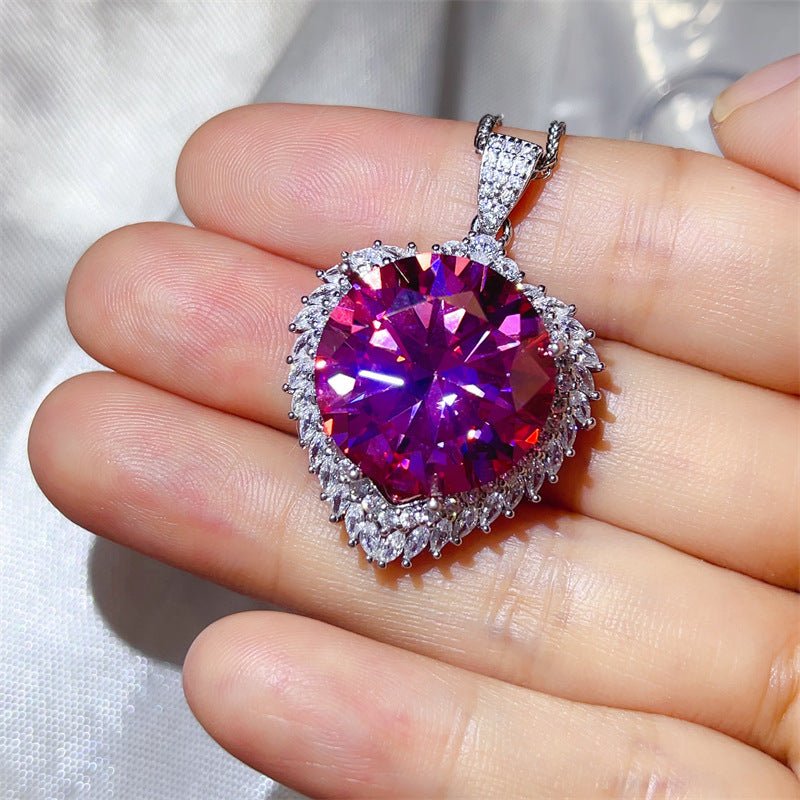 20 Carat Round Moissanite Halo Pendant Necklace, Large Color Stone Statement Necklace – view 6