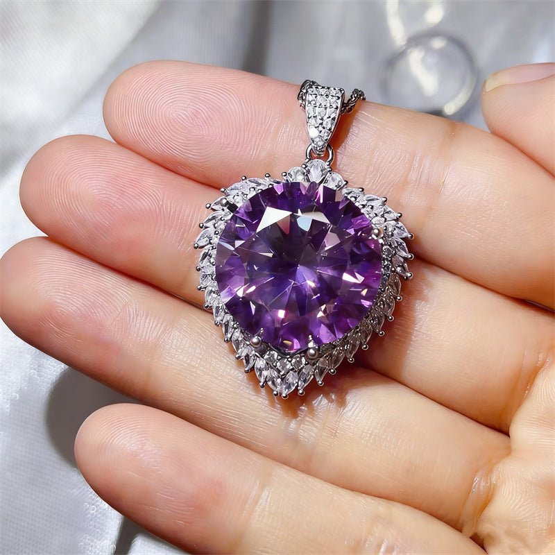 20 Carat Round Moissanite Halo Pendant Necklace, Large Color Stone Statement Necklace – view 8