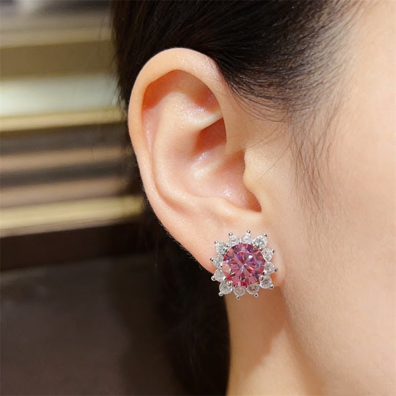 Pink Round Moissanite Stud Earrings with Halo Accent for Women – view 6