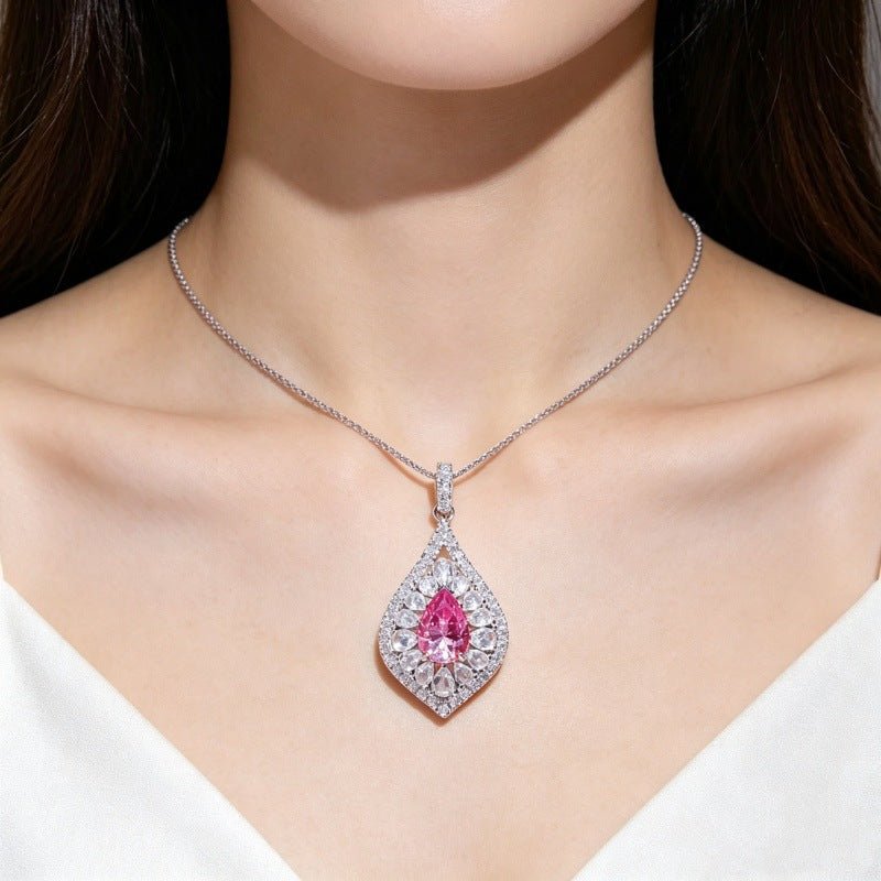 Pear Cut Moissanite Halo Pendant Necklace for Women, Teardrop Pavé Statement Necklace, Pink Center Stone Jewelry Gift – view 7