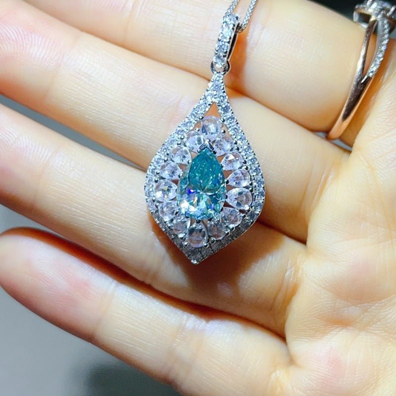 Pear Cut Moissanite Halo Pendant Necklace for Women, Teardrop Pavé Statement Necklace, Pink Center Stone Jewelry Gift – view 8