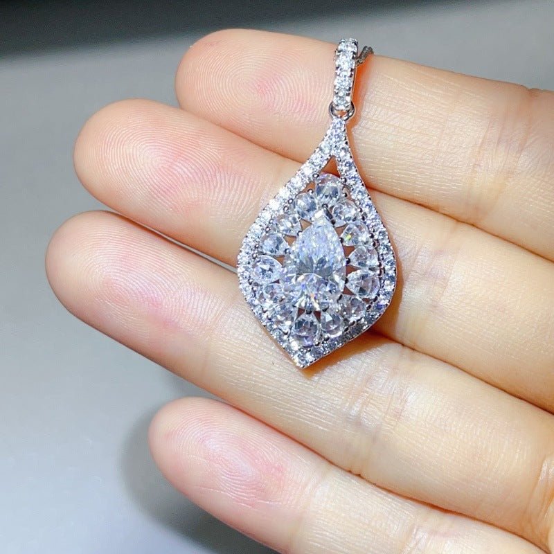 Pear Cut Moissanite Halo Pendant Necklace for Women, Teardrop Pavé Statement Necklace, Pink Center Stone Jewelry Gift – view 6