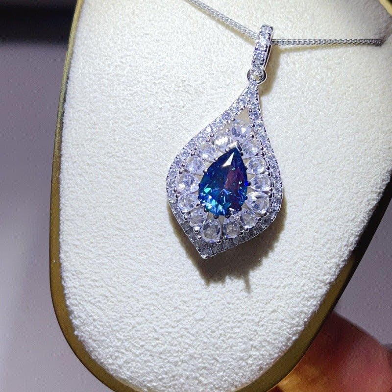 Pear Cut Moissanite Halo Pendant Necklace for Women, Teardrop Pavé Statement Necklace, Pink Center Stone Jewelry Gift – view 9