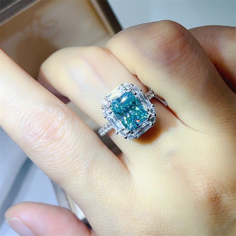 3 Carat Green Radiant Cut Moissanite Halo Ring for Women, Geometric Engagement Ring, Rectangular Statement Ring – view 6