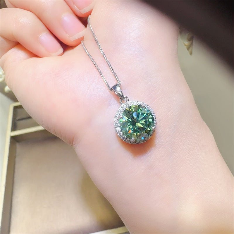 Green Moissanite Halo Pendant Necklace for Women, Round Pavé Style Gift Jewelry – view 7
