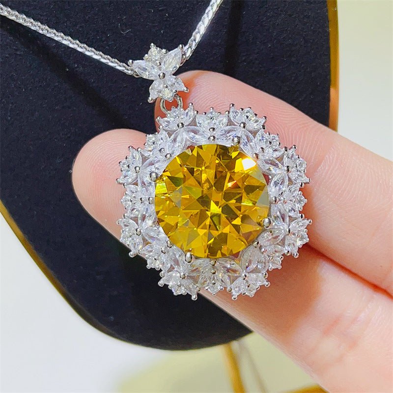 10 Carat Yellow Moissanite Pendant Necklace with Floral Halo Chain – view 6