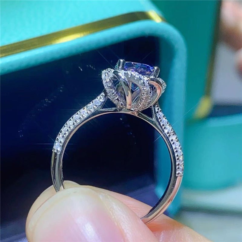 Blue Moissanite Halo Ring for Women, 1 Carat U-Shape Engagement Ring Style – view 6