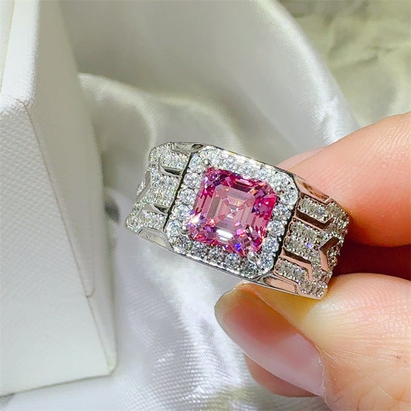 Pink Asscher Cut Moissanite Ring with Halo Pavé Band – view 6