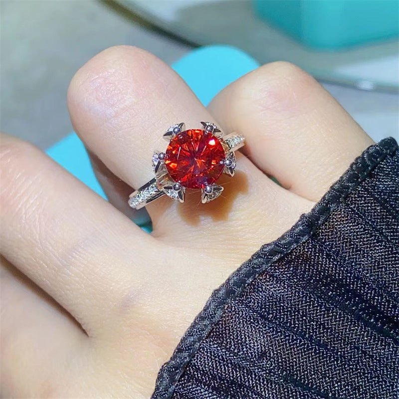 Red Moissanite Halo Ring for Women, Floral Pave Band Statement Ring, Gift Ring Sizes 8-20 – view 6