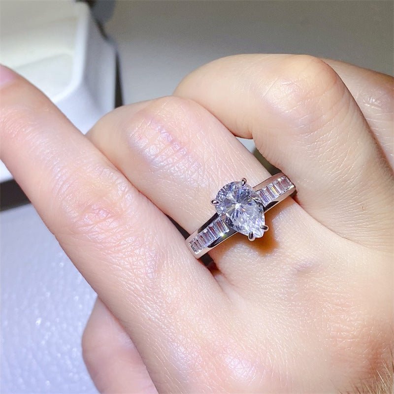 Pear Cut Moissanite Ring with Baguette Band, 18K Gold D Color Style Ring for Women – view 6